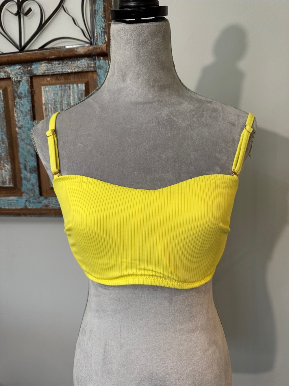 Shade & Shore Yellow Ribbed Bandeau Swim Top with Adjustable Straps NWOT 34DD